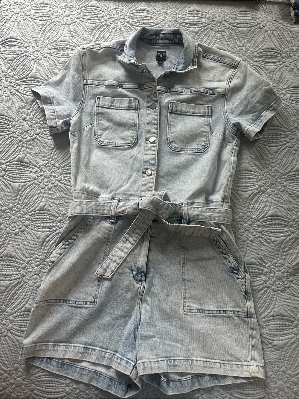 GAP Faded Light Blue Denim Short Sleeve Romper with Tie Waist